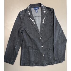 Vintage Denim & Co Embroidered Jacket Women Size Medium Black Floral Cottagecore
